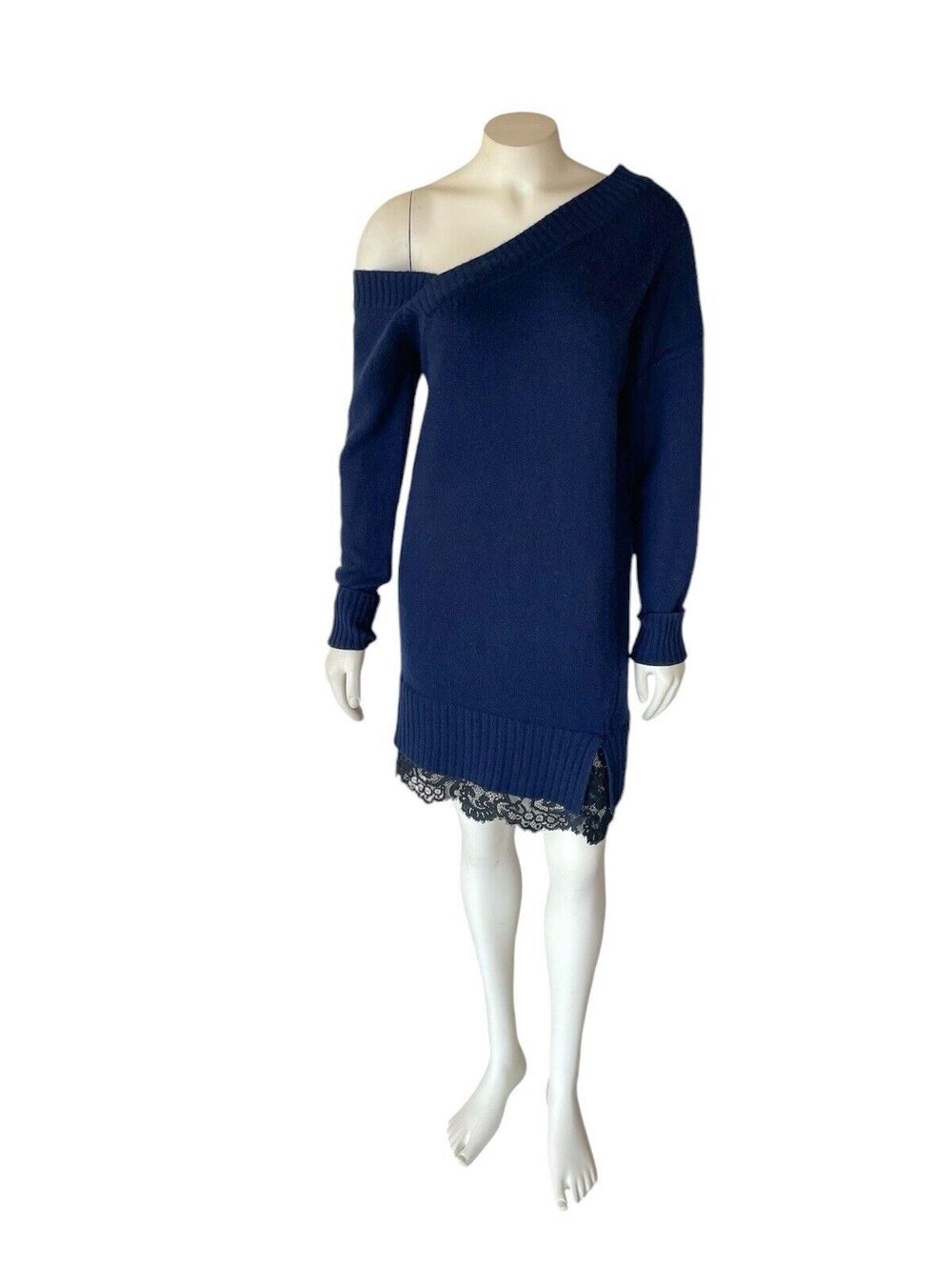 Brochu Walker Asymetrical Sweater Dress Navy and Black Lace Small